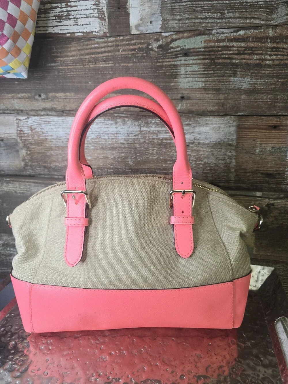 Kate Spade Coral Pink Canvas Satchel Storybook Lining